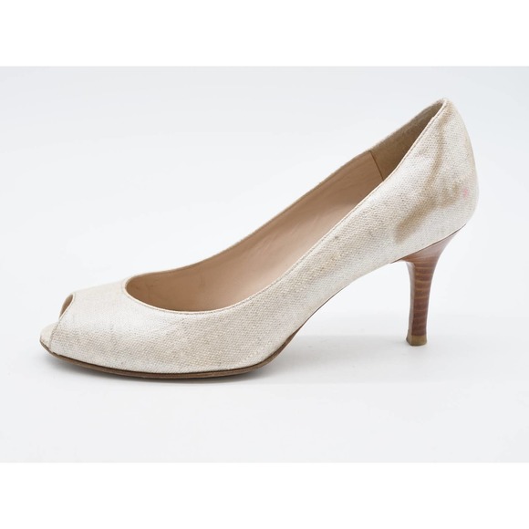 Stuart Weitzman Womens 7 Heels Beige Metallic Peep Toe Stiletto Dress Pumps - Picture 2 of 10